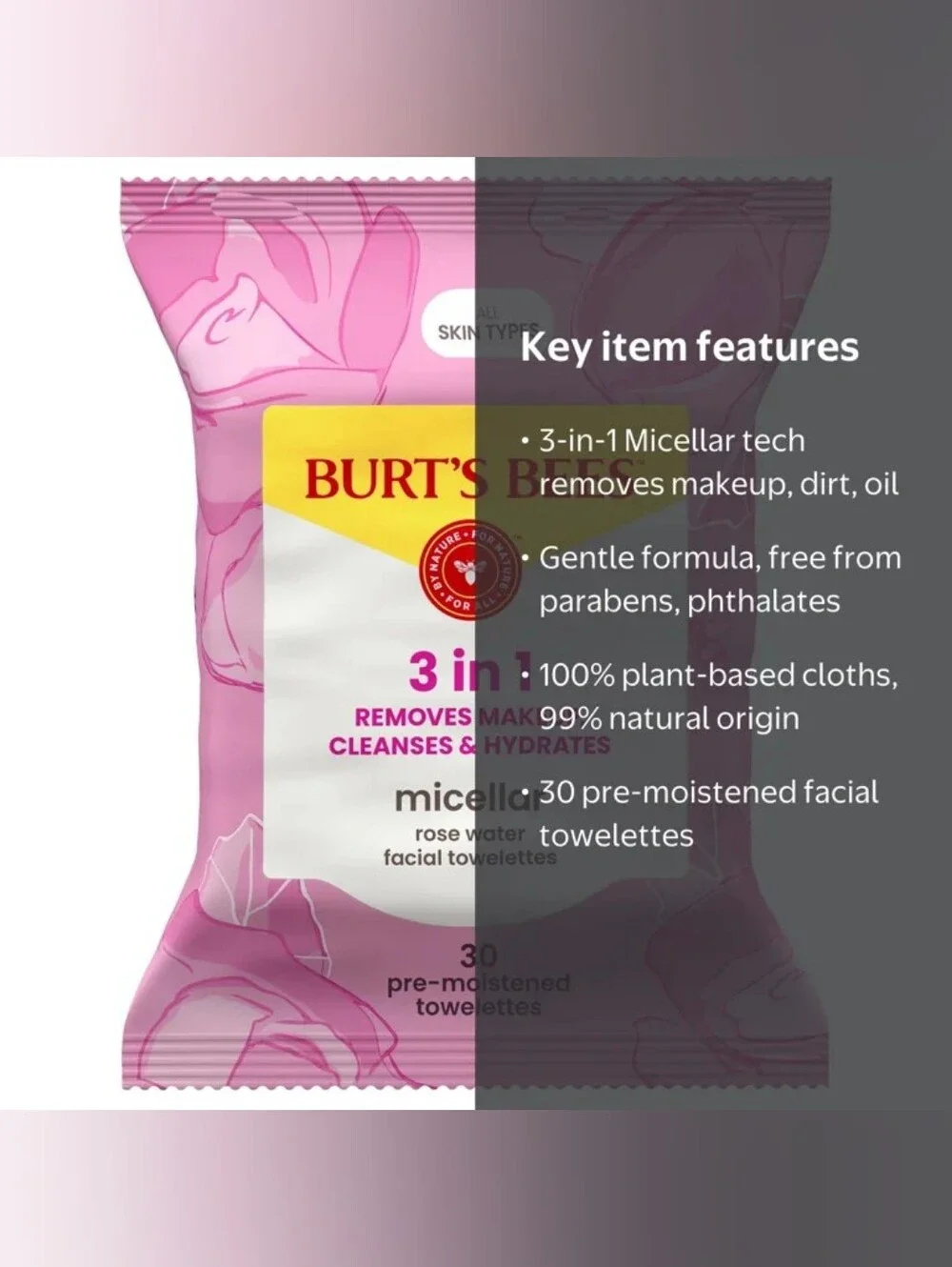 🍒 5/$20 Burt's Bees 3in1 Makeup Remover Wipes Micellar Rose Water 30ct Natural
